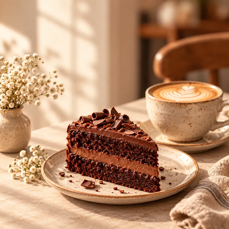 Chocolate cake slice topped with berries