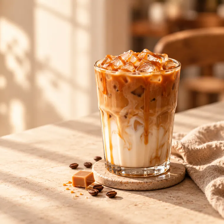 Iced caramel latte served in a tall glass
